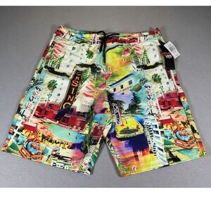 Good Vibes Miami‎ Beach Swim Trunks Men's Large Tropical Flamingo Shorts NWT